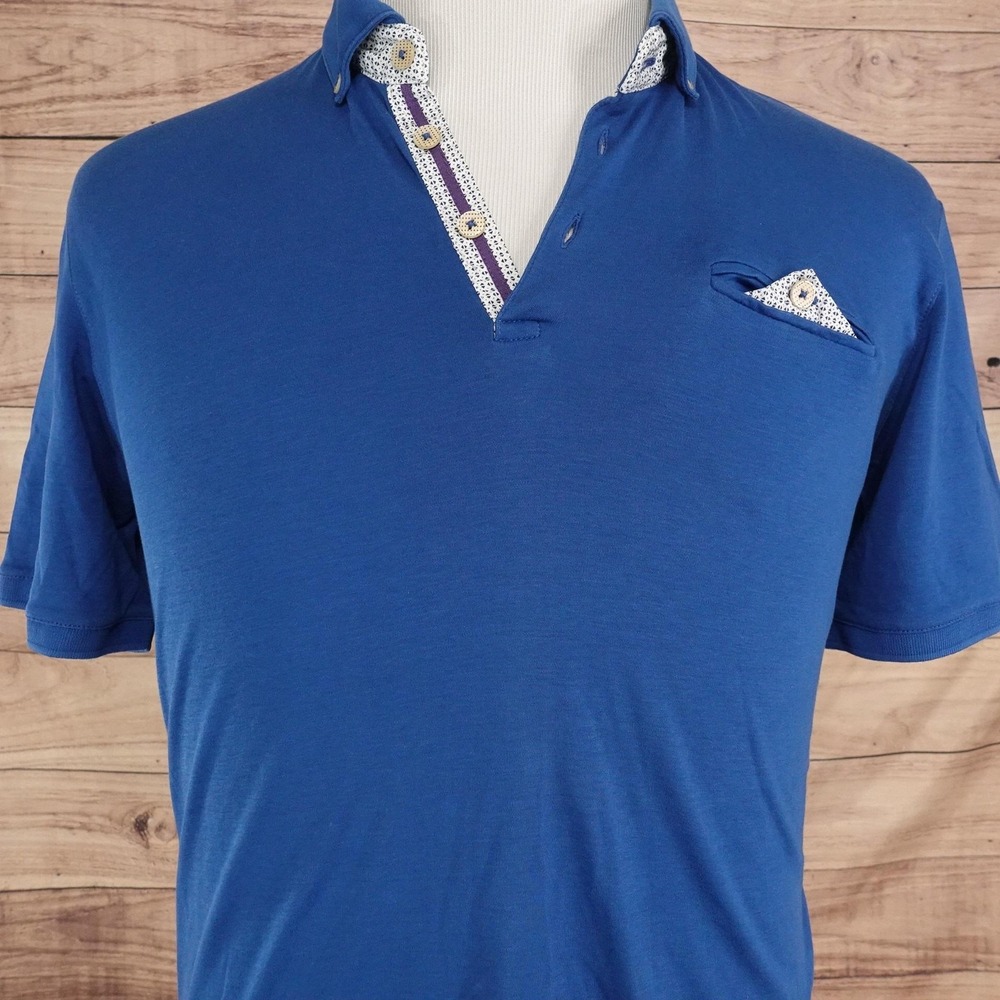 Ted Baker Polo Shirt Mens 6 Blue Jersey Contrast Trim Button Down Casual